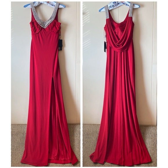La Femme Red Gemstone Embellished Scooped Back Gown Dress - Picture 4 of 13